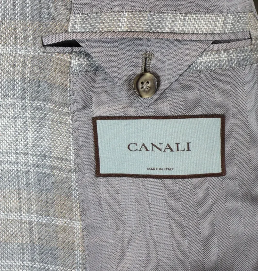 Canali Cashmere Sport Coat 48 R fits 46 (58 EU) Mens Grey Beige Plaid Blazer